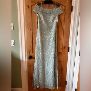 Tadashi Shoji Sage Green Off-Shoulder Lace Maxi Gown